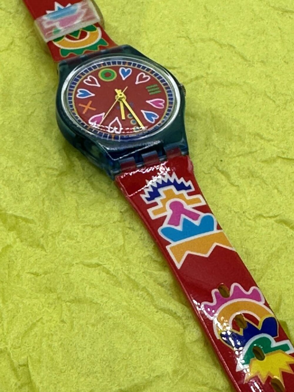 Swatch Red Dial Watch with Multicolor Heart and Geometric Accents - Picture 3 of 5